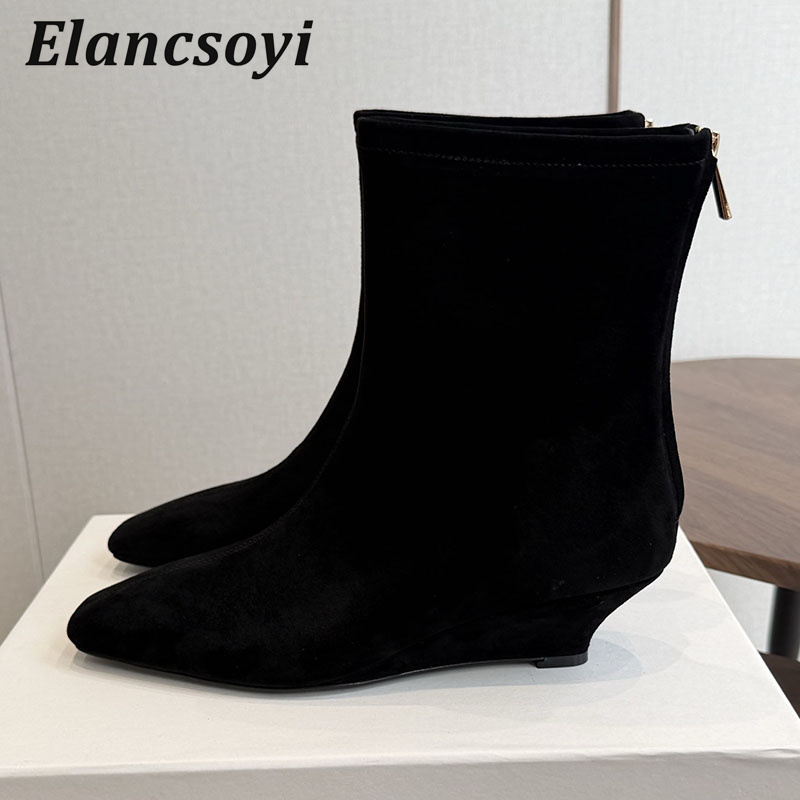 Chelsea Boots Suede - Wedges Heels Short Boots Women's Square